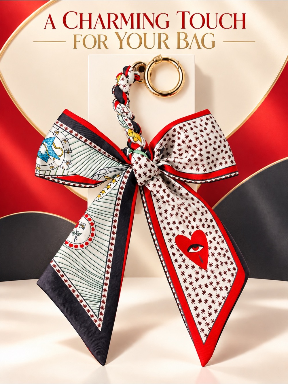 Beautiful Bow Keychain Bag Charm in Red, Black & White